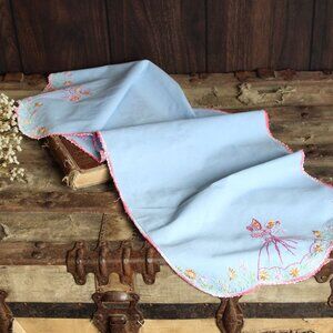 Vintage 1950s Table Runner, Blue Linen with Embroidered Woman and Flowers